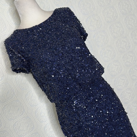 Adrianna Papell | Navy Sequin Dress with Short Sleeves & Side Split - Picture 3 of 13